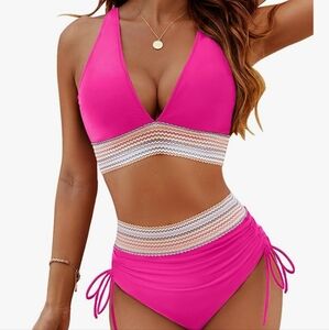 Blooming Jelly ,High Waisted Bikini Sets Tummy Control Swimsuits Pink,Large
